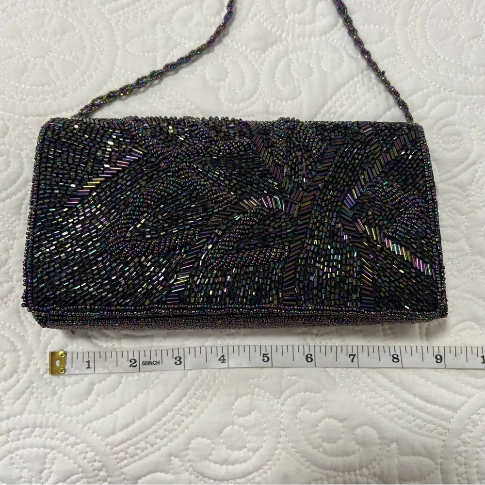 VTG Black Iridescent Beaded Evening Bag Clutch/Crossbody Purse 90s multi color